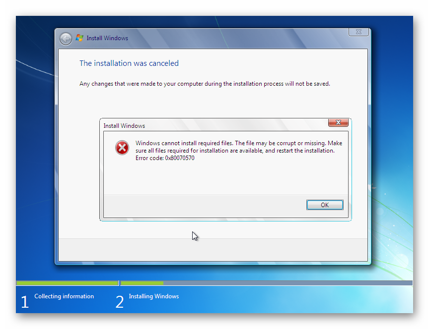 Ошибка 0x80070570 при установке Windows 7 на экране компьютера